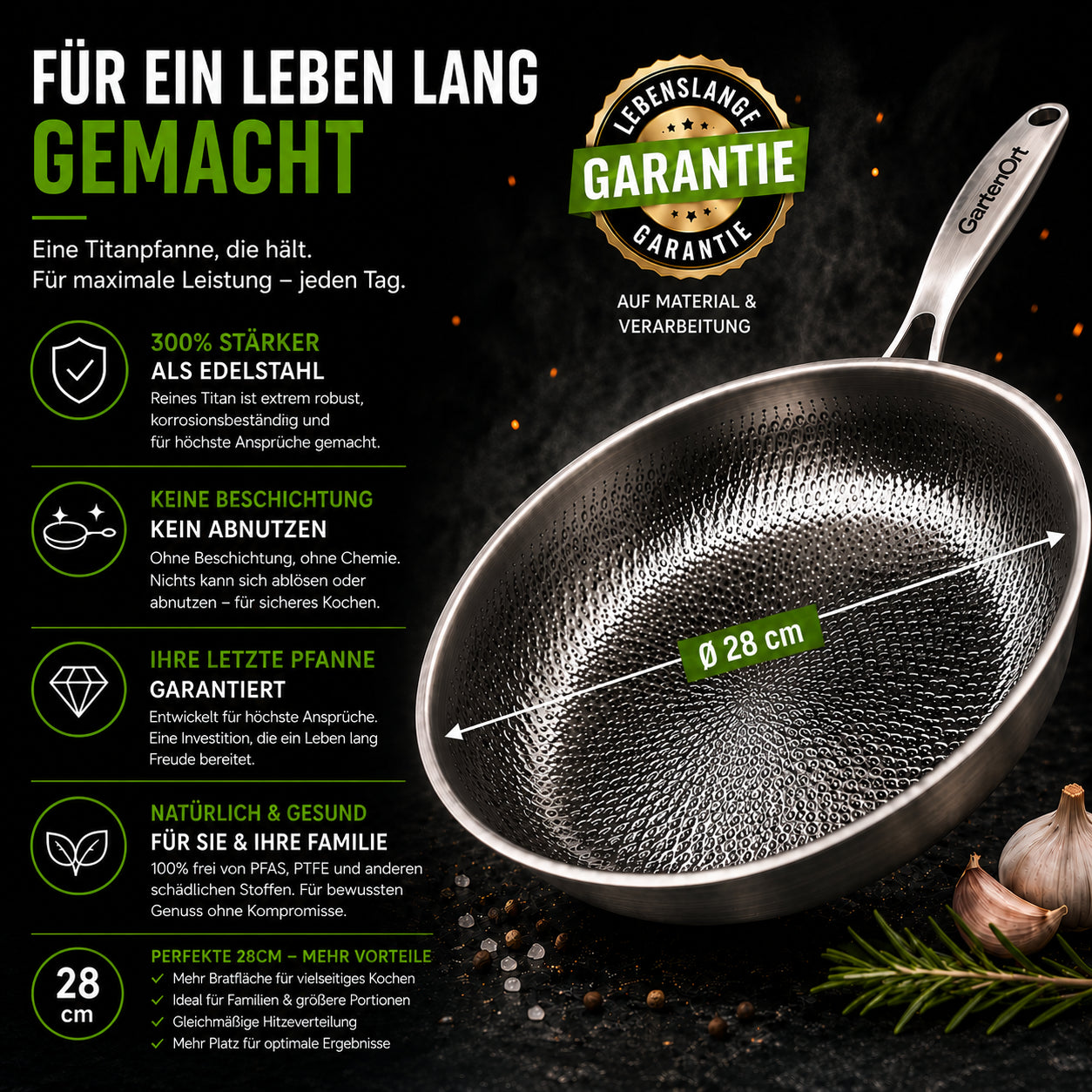 TitanPur Pro – Beschichtungsfreie Titanpfanne ohne PFAS & PTFE | 28 cm