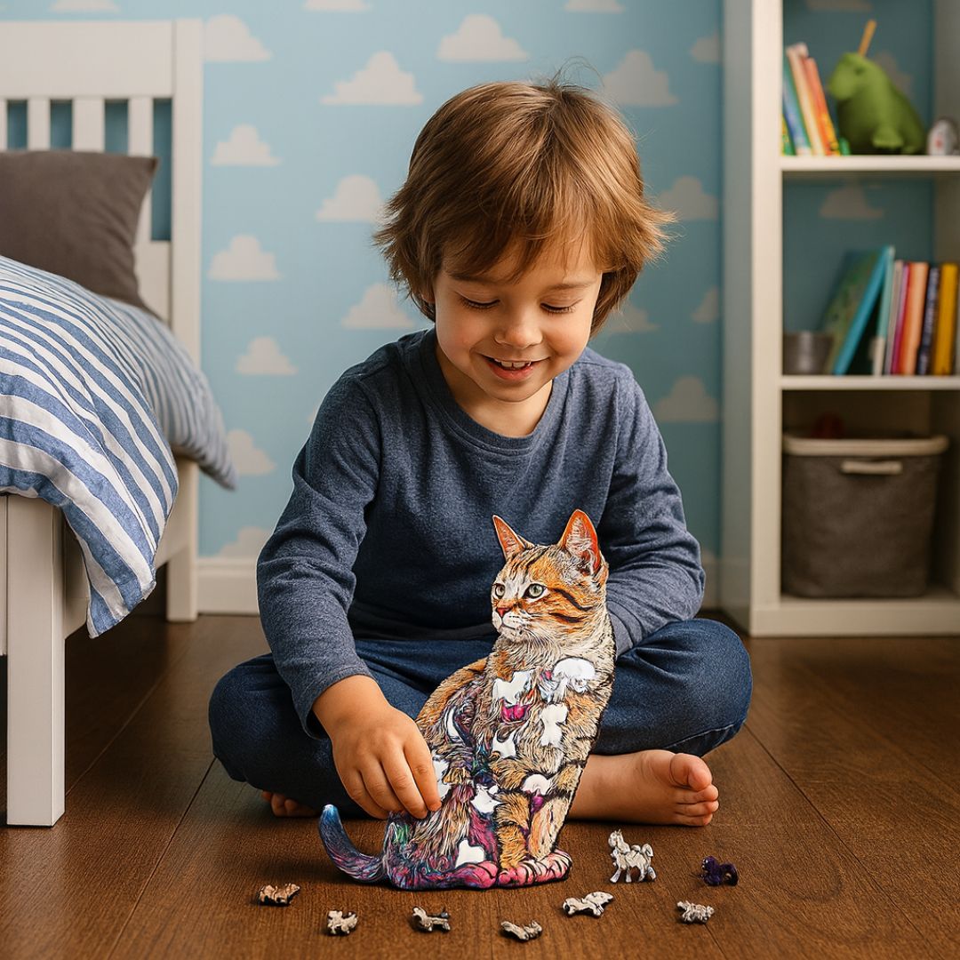 Puzzle 3D in legno a forma di gatto