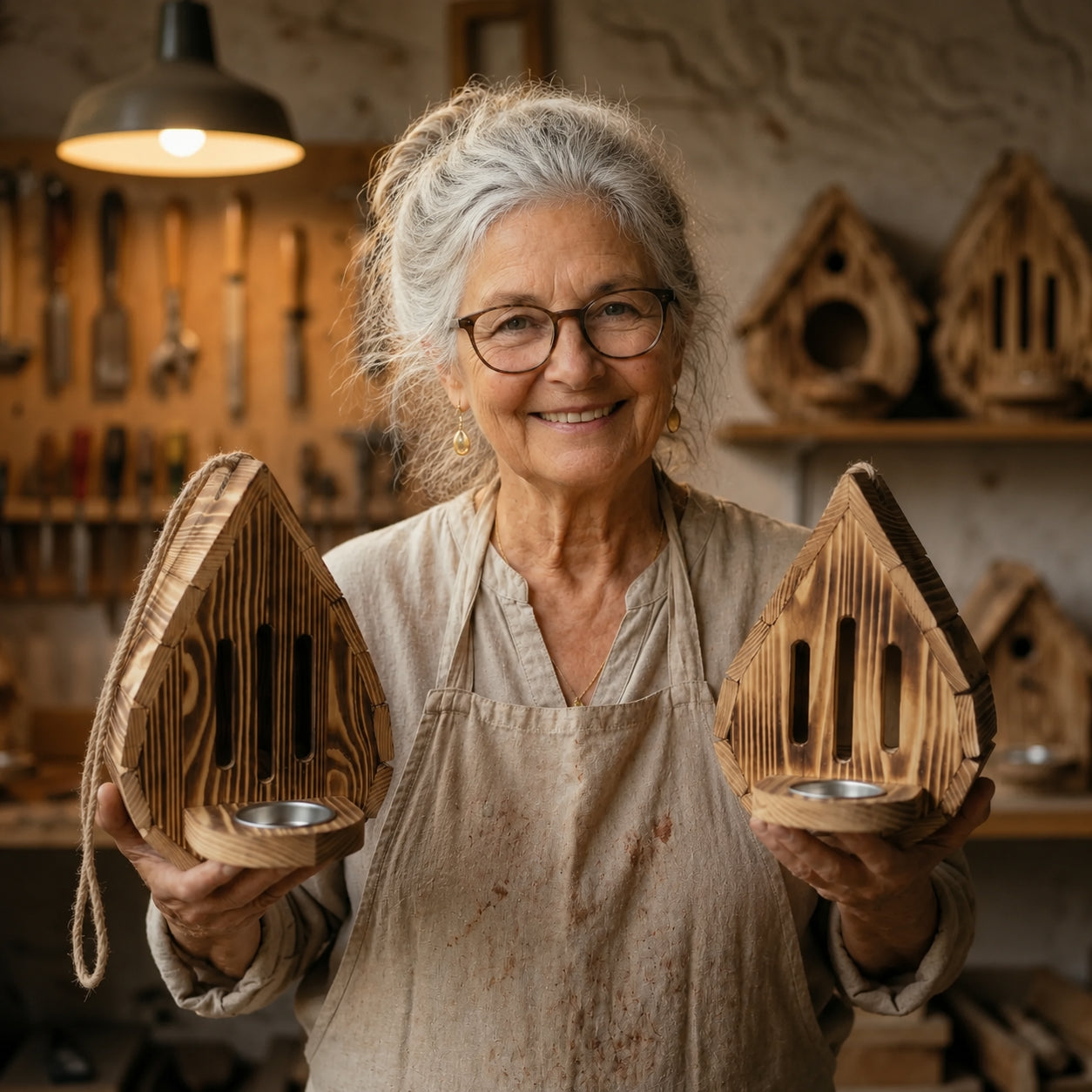 Casetta per farfalle a forma di goccia, fatta a mano, in legno naturale