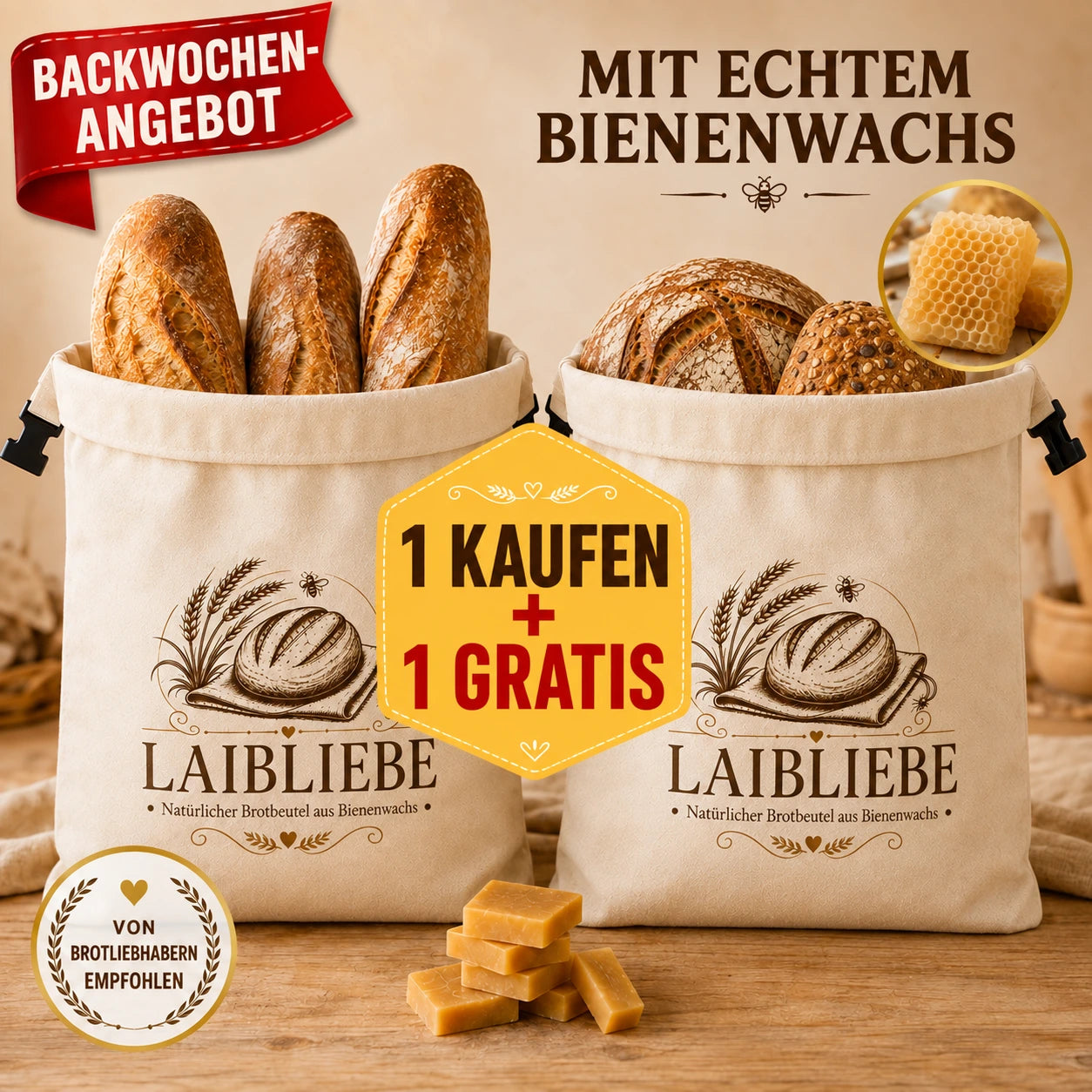 LaibLiebe – natürlicher Brotbeutel aus echtem Bienenwachs | Waschbar & natürliche Aufbewahrung