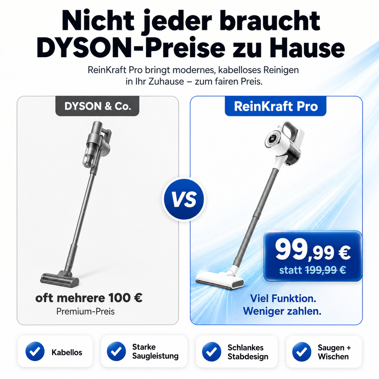 ReinKraft Pro –  Kabelloser 2-in-1 Premium-Akku-Staubsauger starker Zyklon-Saugkraft