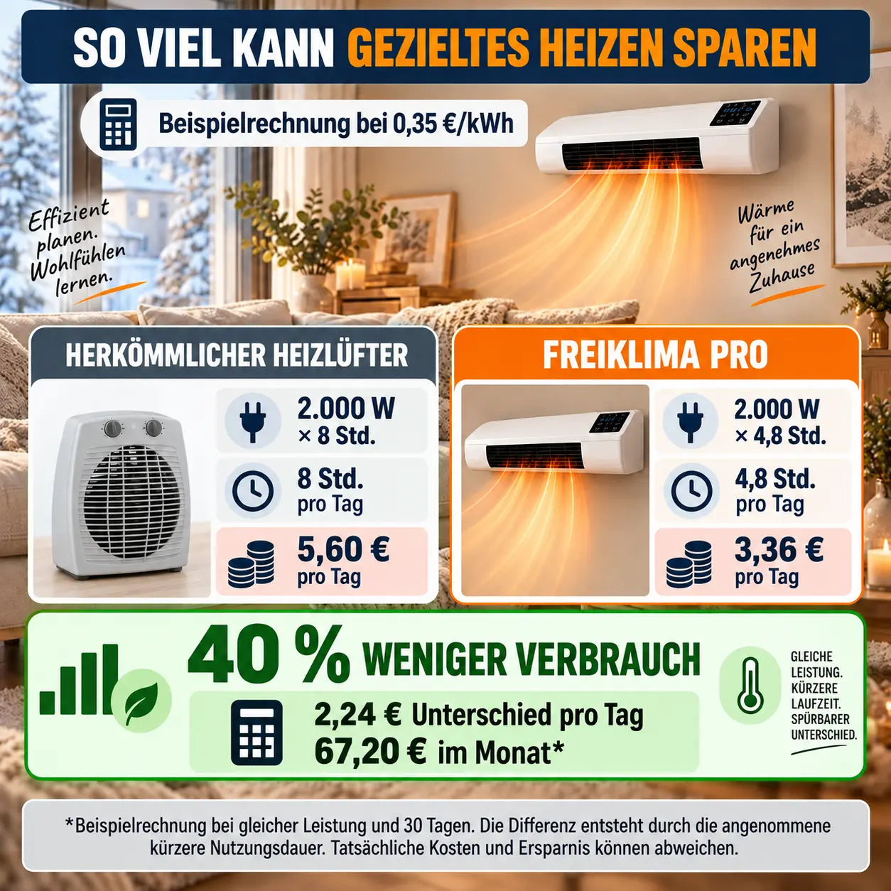FreiKlima Pro – energiesparende tragbare Komfortheizung mit hoher Heizleistung & Sicherheitssystem ohne Installation | Bis 51 m²