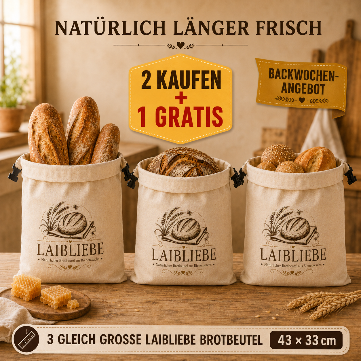 LaibLiebe – natürlicher Brotbeutel aus echtem Bienenwachs - Brot länger frisch halten