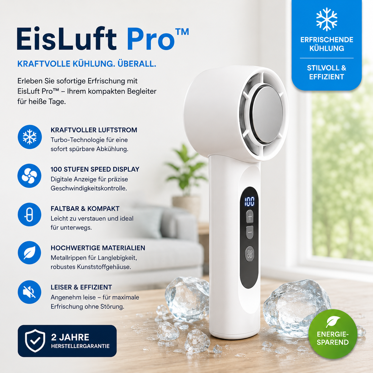EisLuft Pro - Persönlicher Ventilator mit aktiver Sofortkühlung — 199 Stufen, ein Knopfdruck, sofort spürbar kühler.