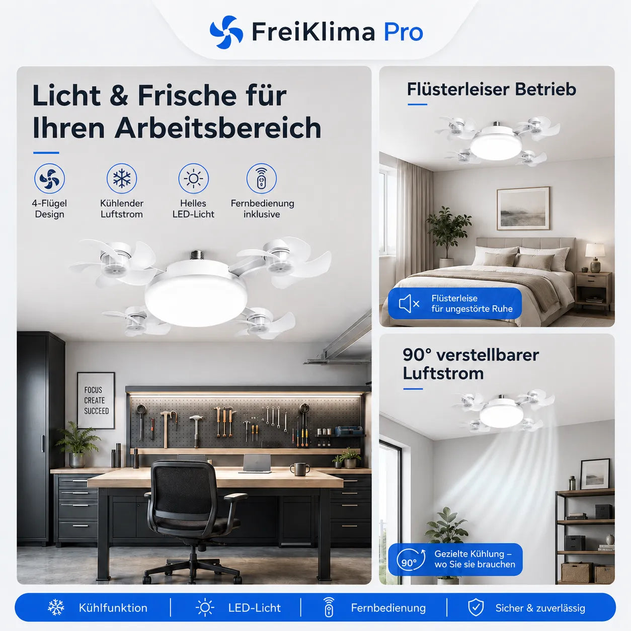 FreiKlima Pro Klimaventilator 2in1 – 4-Flügel einklappbarer Deckenventilator mit Kühlfunktion, Licht & Fernbedienung