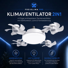 Lade das Bild in den Galerie-Viewer, FreiKlima Pro Klimaventilator 2in1 – 4-Flügel einklappbarer Deckenventilator mit Kühlfunktion, Licht &amp; Fernbedienung
