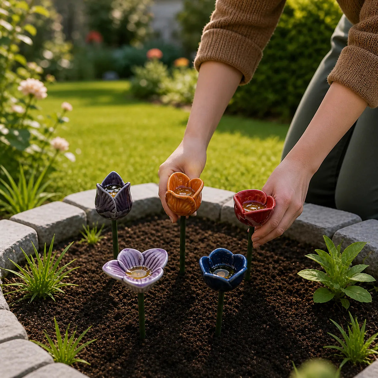 Handgefertigte Bienenblüten-Tränken – Wetterfeste Keramik, Set (6)