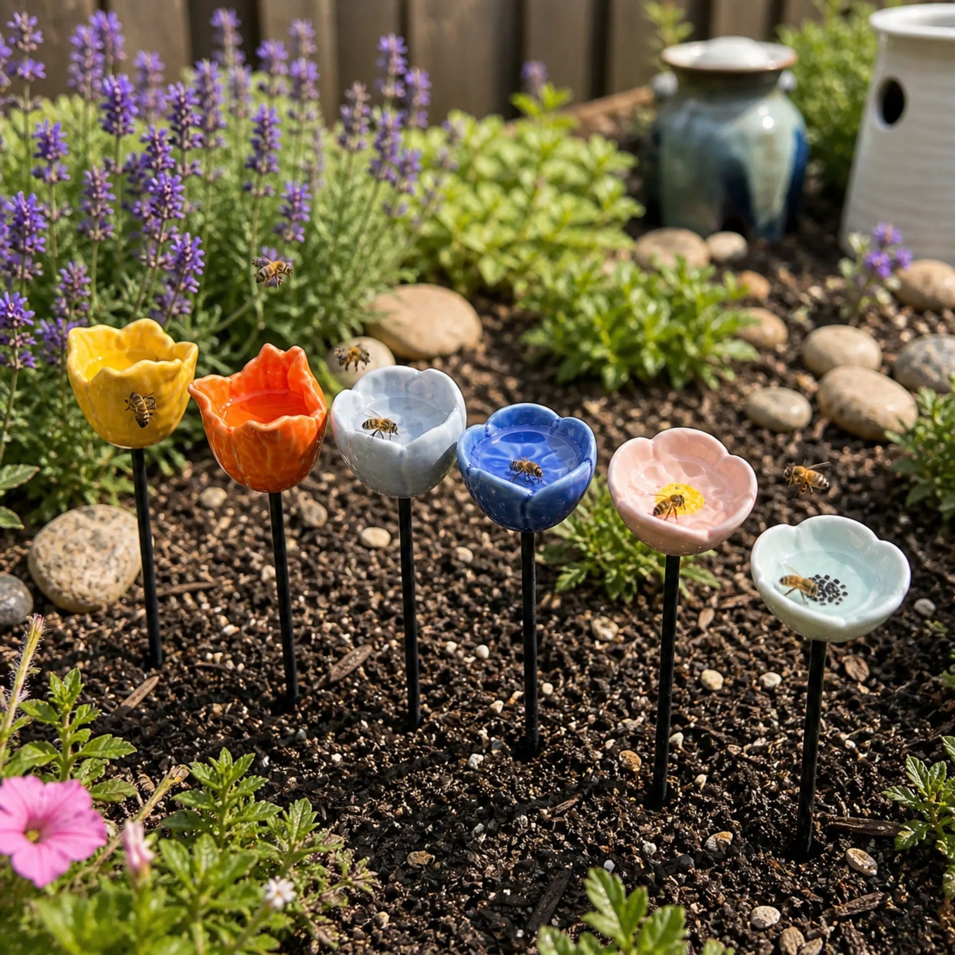 Handgefertigte Bienenblüten – wetterfeste Keramik-Tränken, 6er-Set