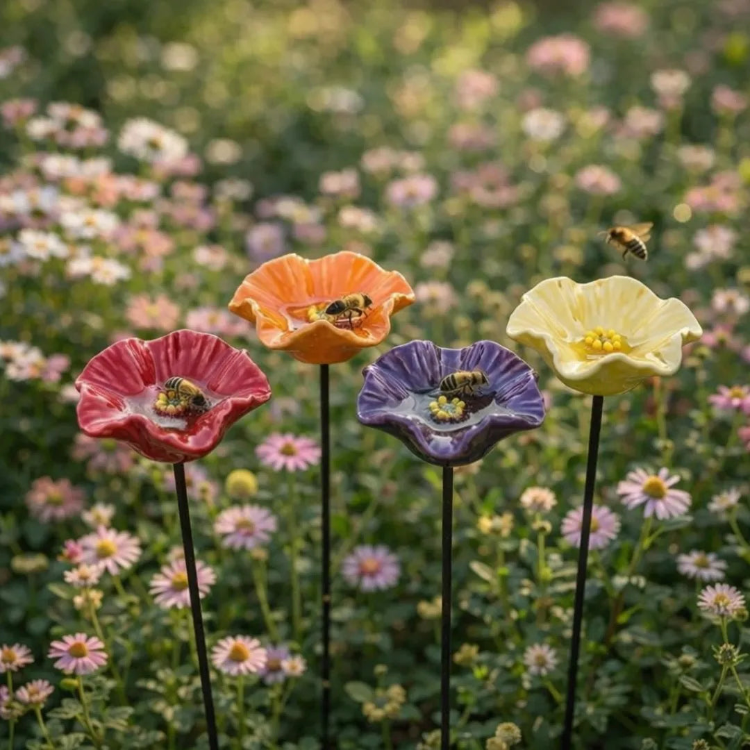 Handgemachte Bienenblüten – Wetterfeste Keramik-Tränken, 4er-Set
