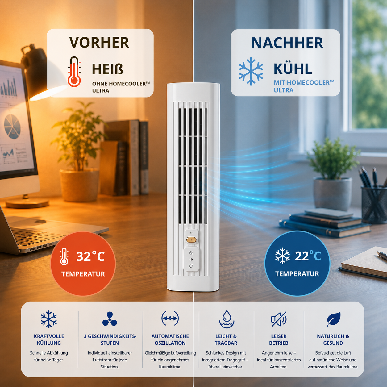 HomeCooler Ultra - Mobile Klimaanlage – Keine Installation nötig | Kühlt sofort mit einem Druck
