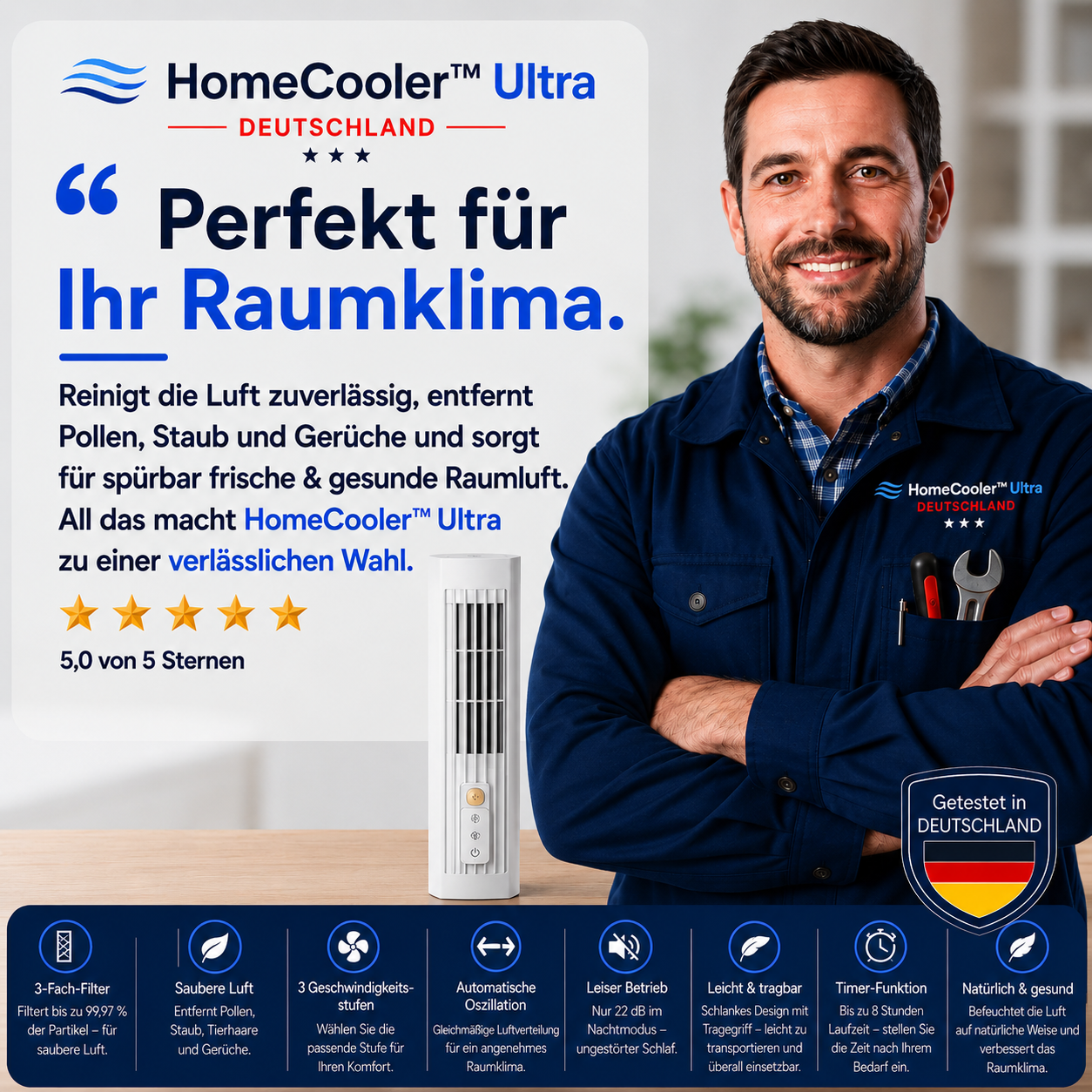 HomeCooler Ultra - Mobile Klimaanlage – Keine Installation nötig | Kühlt sofort mit einem Druck