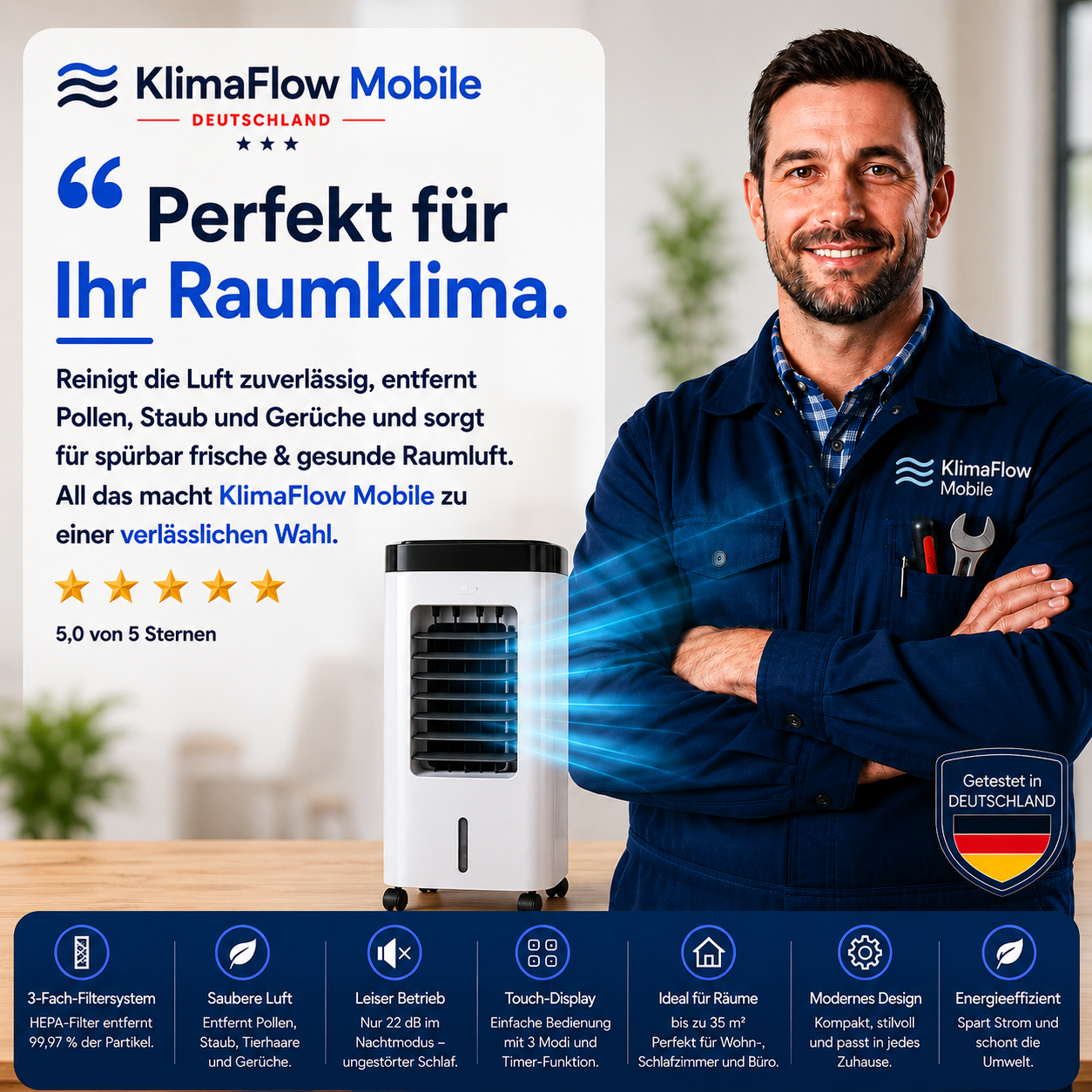 KlimaFlow Mobile - Mobiler Luftkühler – Keine Installation erforderlich | Kühlt bis zu 50 m²
