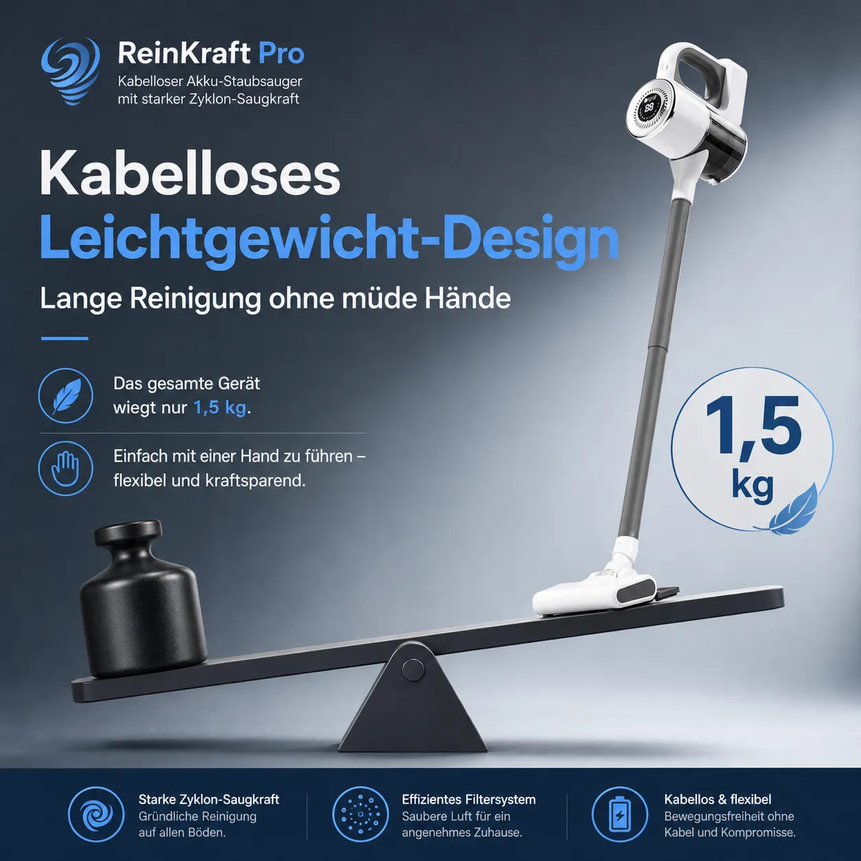 ReinKraft Pro –  Kabelloser 2-in-1 Premium-Akku-Staubsauger starker Zyklon-Saugkraft