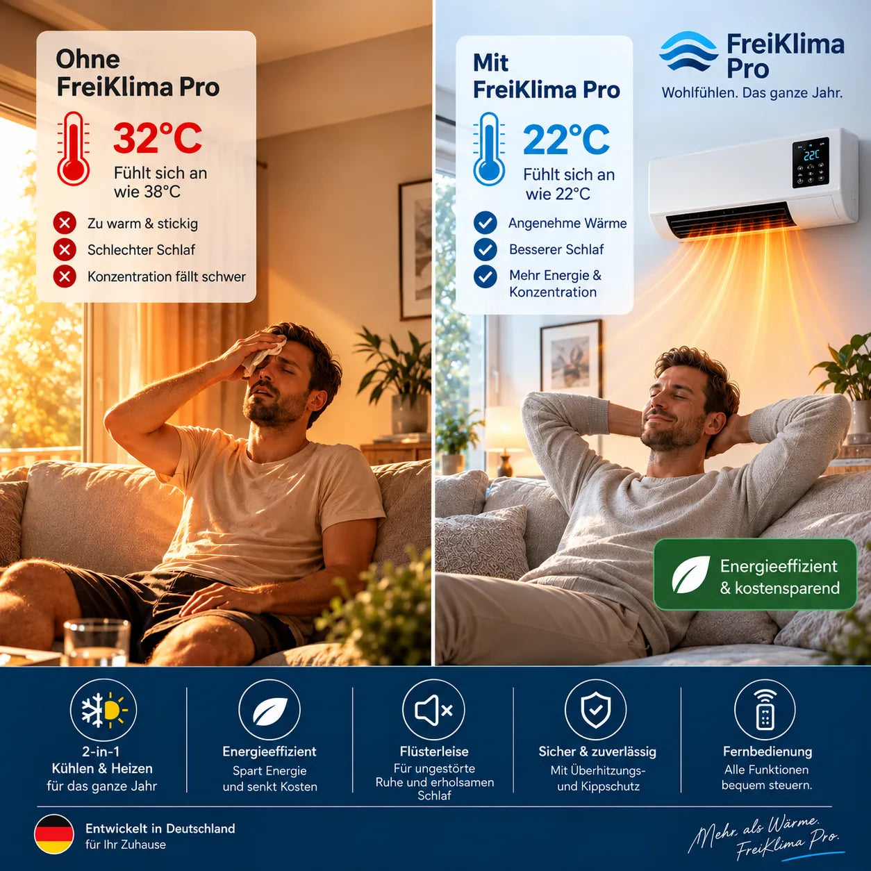 FreiKlima Pro – energiesparende tragbare Komfortheizung mit hoher Heizleistung & Sicherheitssystem ohne Installation | Bis 51 m²