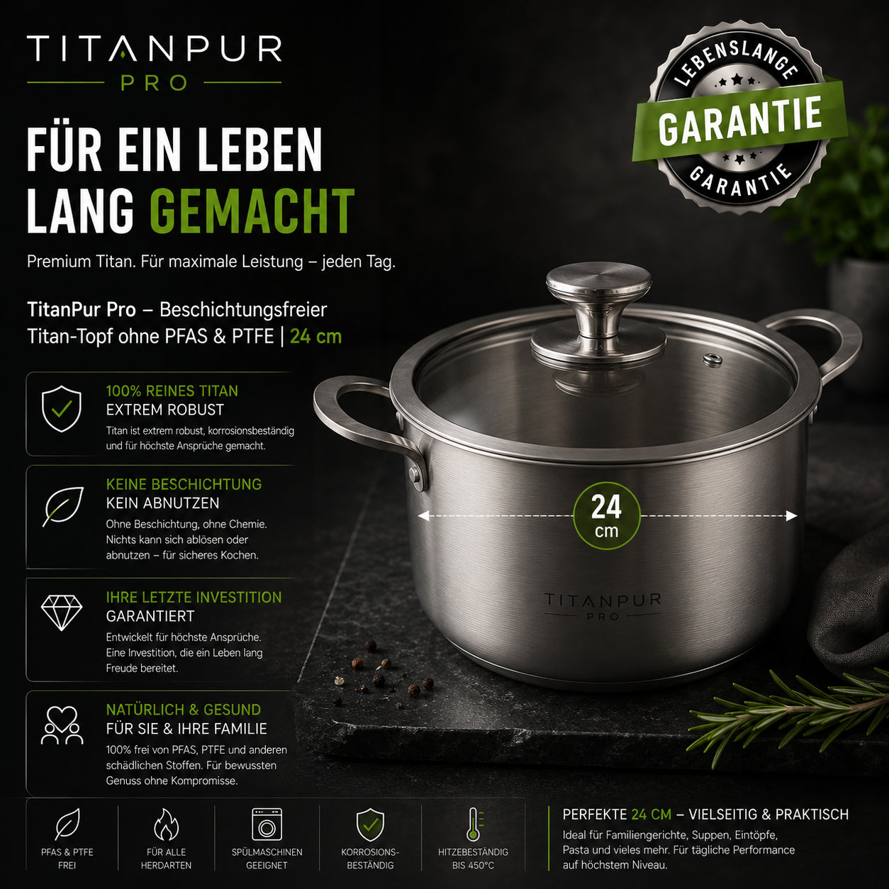 TitanPur Pro – Beschichtungsfreier Titan-Topf ohne PFAS & PTFE | 24 cm